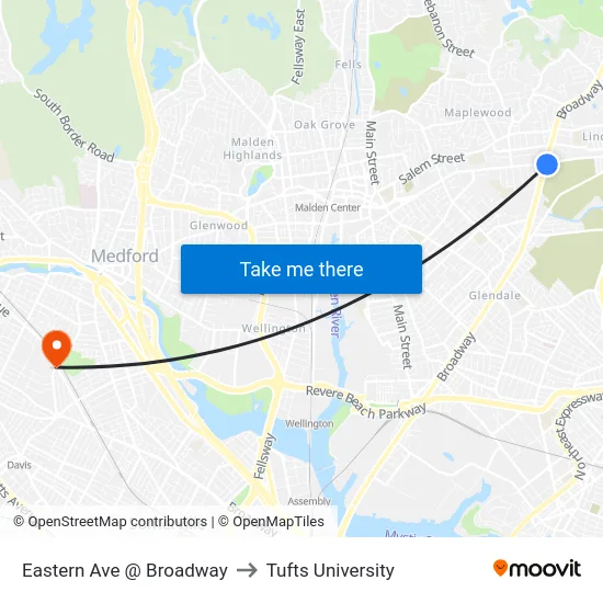Eastern Ave @ Broadway to Tufts University map