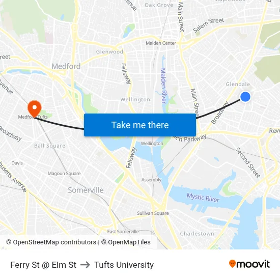 Ferry St @ Elm St to Tufts University map