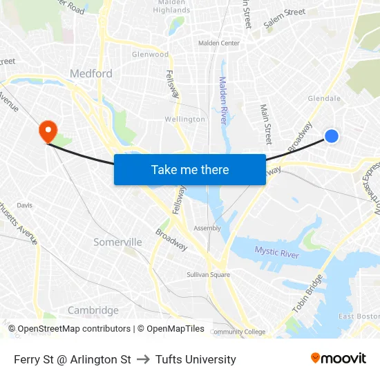 Ferry St @ Arlington St to Tufts University map