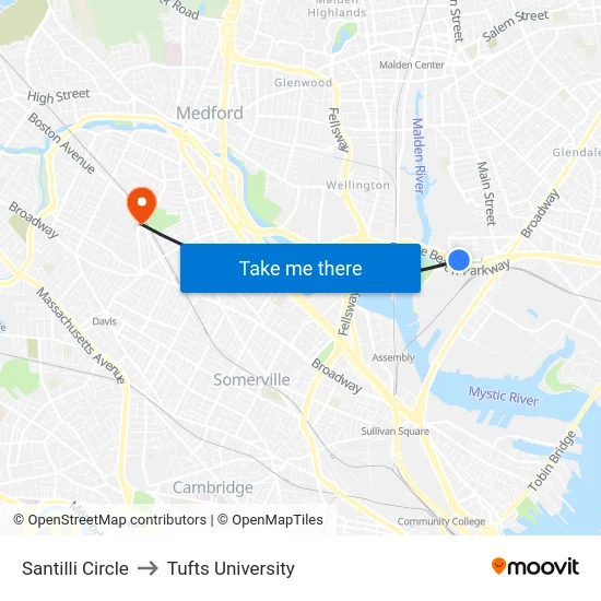 Santilli Circle to Tufts University map