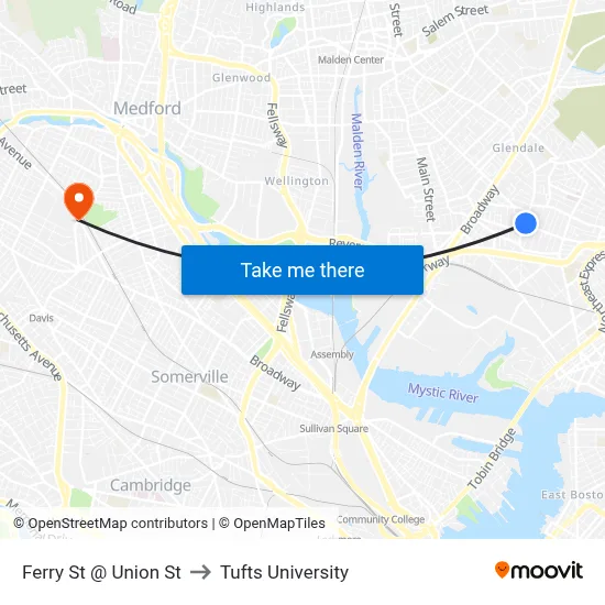 Ferry St @ Union St to Tufts University map