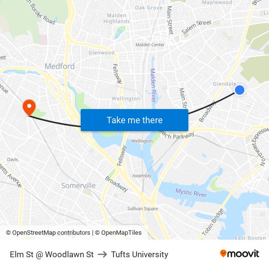Elm St @ Woodlawn St to Tufts University map