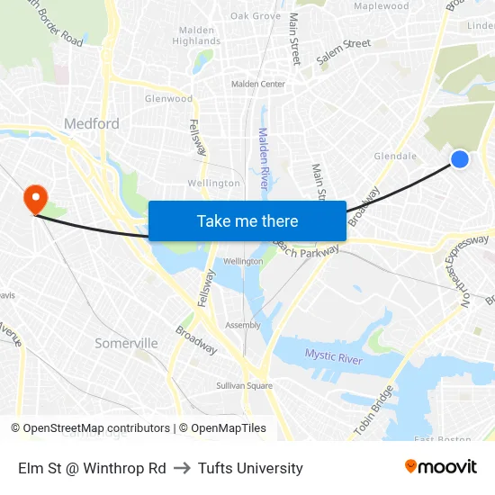 Elm St @ Winthrop Rd to Tufts University map