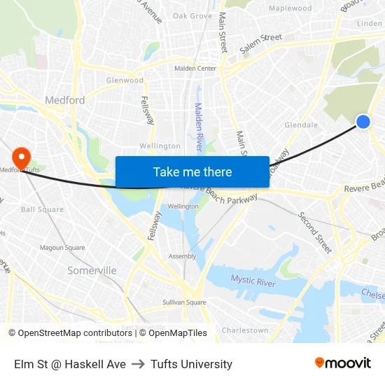 Elm St @ Haskell Ave to Tufts University map