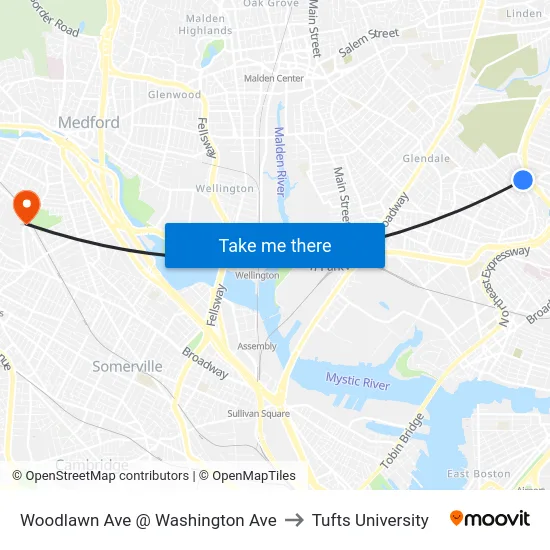 Woodlawn Ave @ Washington Ave to Tufts University map