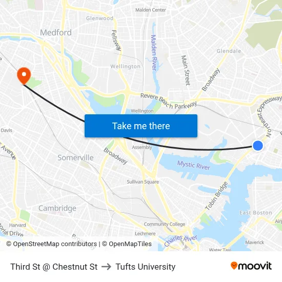 Third St @ Chestnut St to Tufts University map