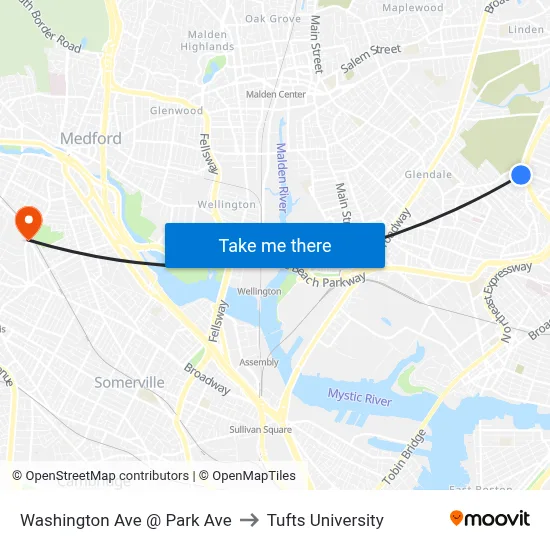 Washington Ave @ Park Ave to Tufts University map