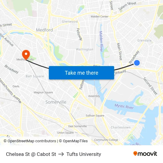 Chelsea St @ Cabot St to Tufts University map