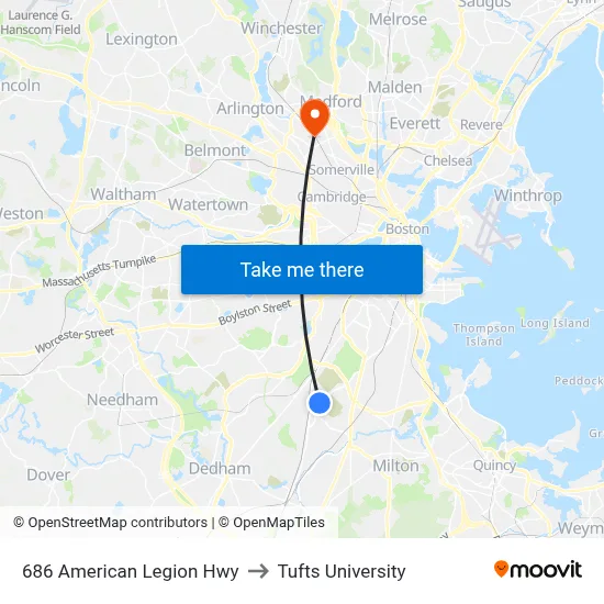 686 American Legion Hwy to Tufts University map