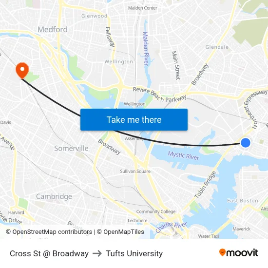 Cross St @ Broadway to Tufts University map