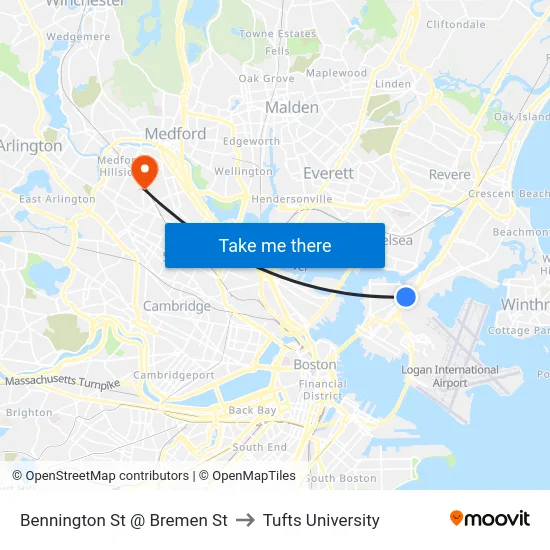 Bennington St @ Bremen St to Tufts University map