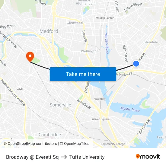 Broadway @ Everett Sq to Tufts University map