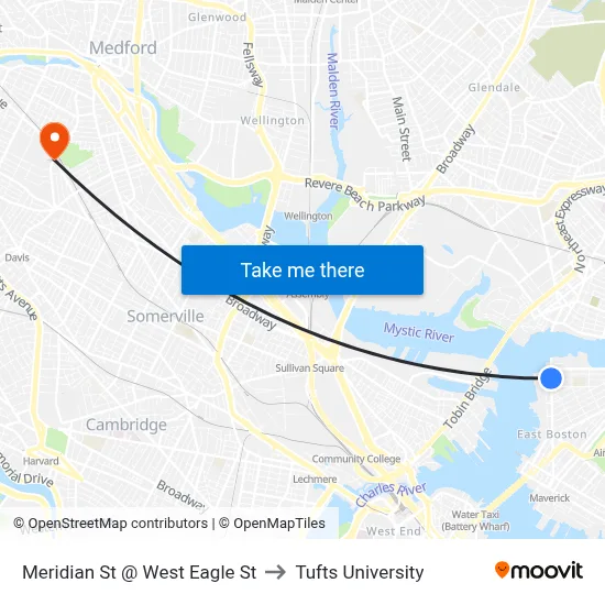 Meridian St @ West Eagle St to Tufts University map