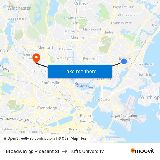 Broadway @ Pleasant St to Tufts University map