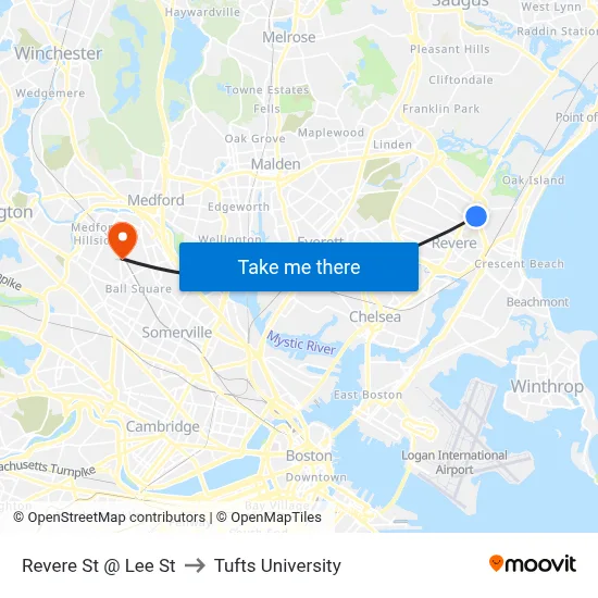 Revere St @ Lee St to Tufts University map