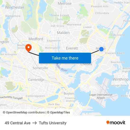 49 Central Ave to Tufts University map