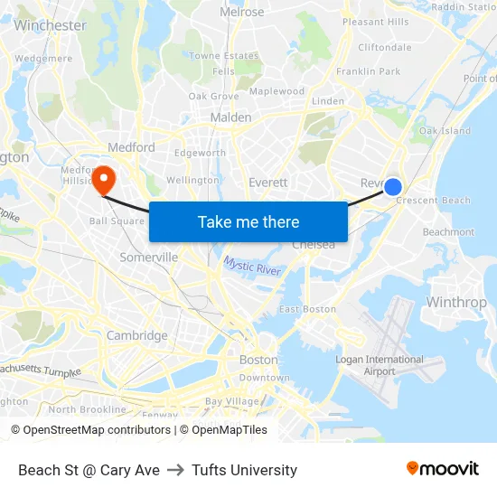 Beach St @ Cary Ave to Tufts University map