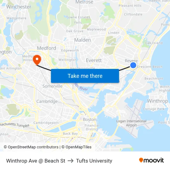Winthrop Ave @ Beach St to Tufts University map