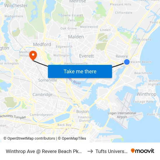 Winthrop Ave @ Revere Beach Pkway to Tufts University map