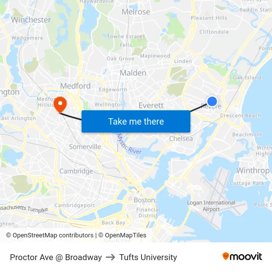 Proctor Ave @ Broadway to Tufts University map