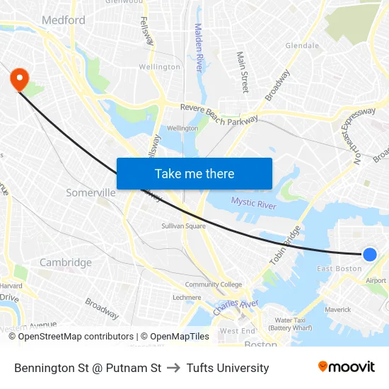 Bennington St @ Putnam St to Tufts University map