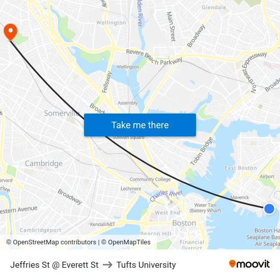 Jeffries St @ Everett St to Tufts University map