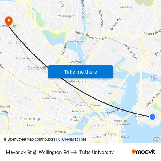 Maverick St @ Wellington Rd to Tufts University map