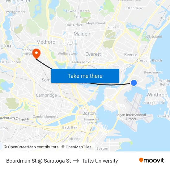 Boardman St @ Saratoga St to Tufts University map