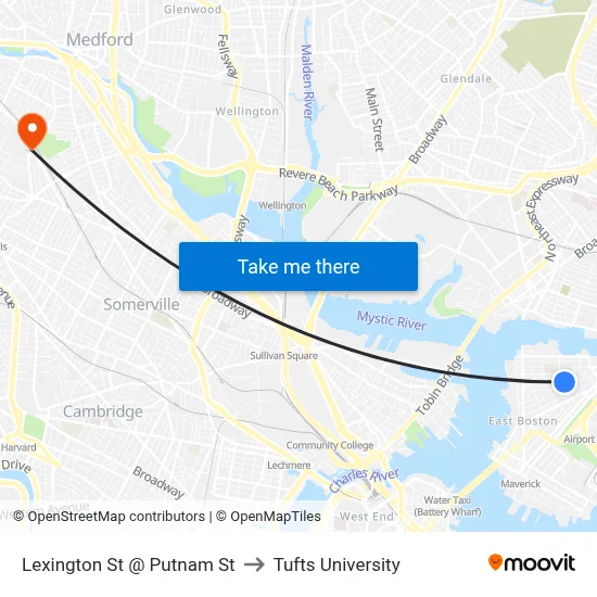 Lexington St @ Putnam St to Tufts University map