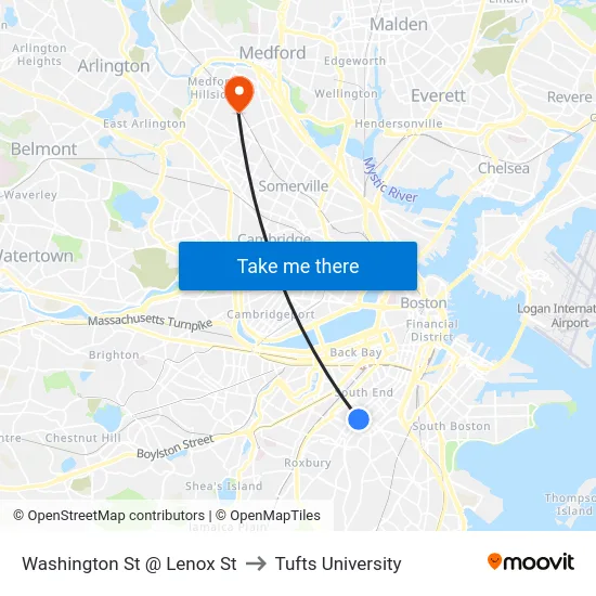 Washington St @ Lenox St to Tufts University map