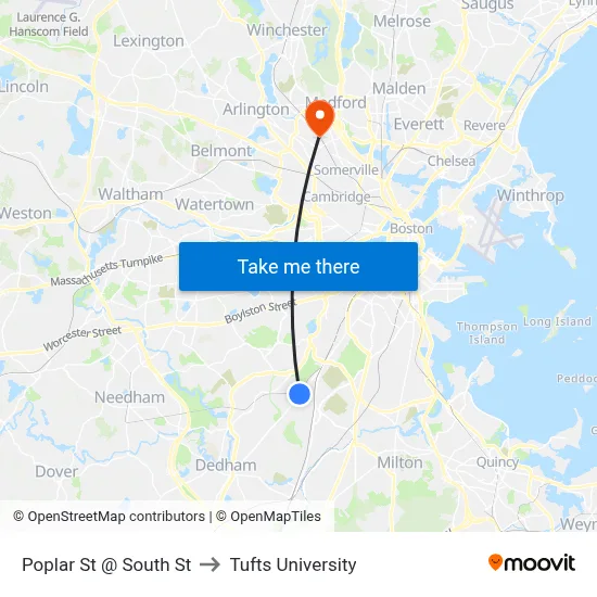 Poplar St @ South St to Tufts University map