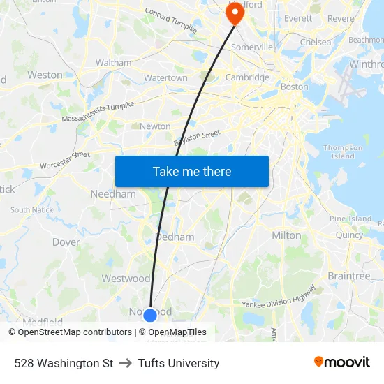 528 Washington St to Tufts University map