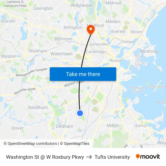 Washington St @ W Roxbury Pkwy to Tufts University map