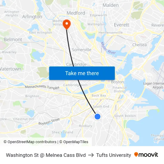 Washington St @ Melnea Cass Blvd to Tufts University map