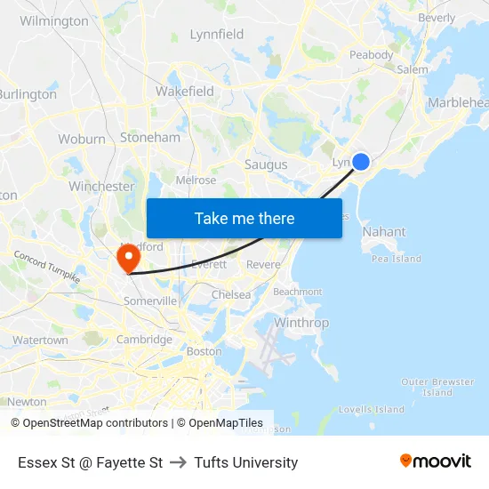 Essex St @ Fayette St to Tufts University map