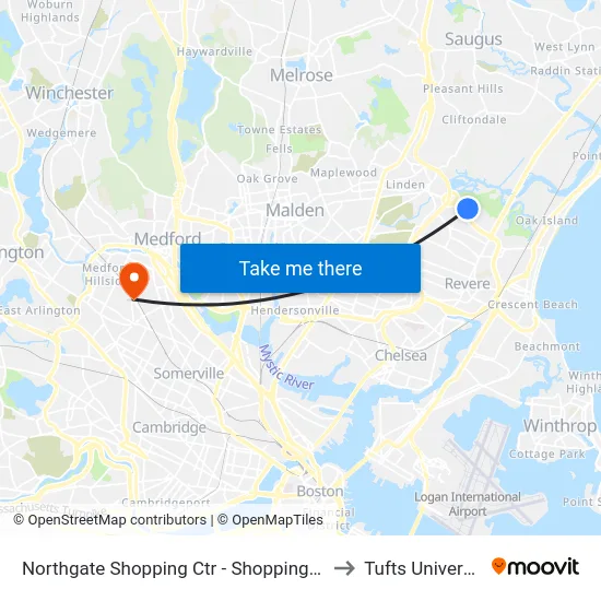 Northgate Shopping Ctr - Shopping Mall to Tufts University map