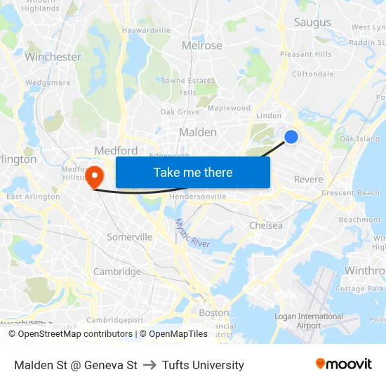 Malden St @ Geneva St to Tufts University map