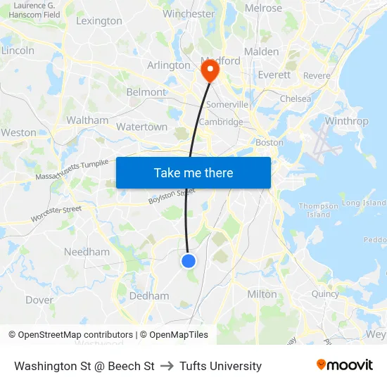 Washington St @ Beech St to Tufts University map