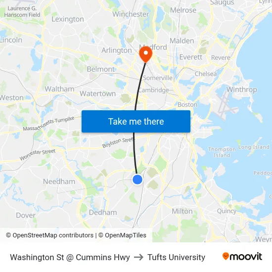 Washington St @ Cummins Hwy to Tufts University map