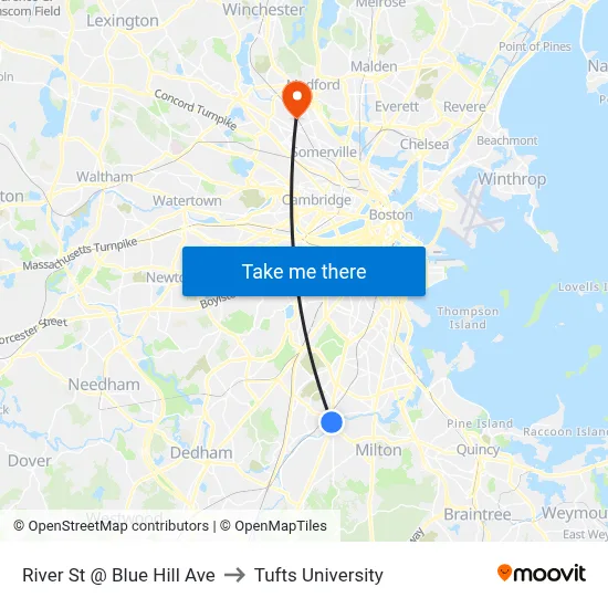 River St @ Blue Hill Ave to Tufts University map