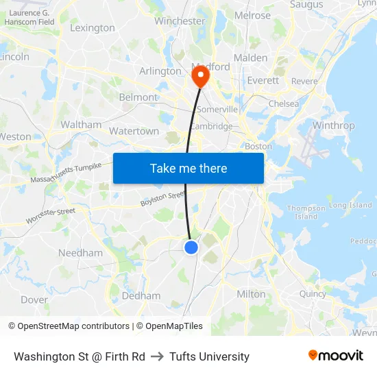 Washington St @ Firth Rd to Tufts University map