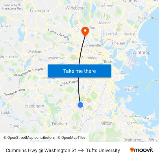 Cummins Hwy @ Washington St to Tufts University map