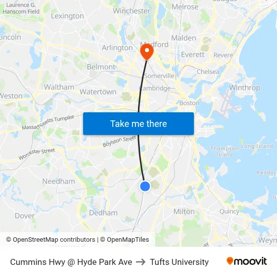 Cummins Hwy @ Hyde Park Ave to Tufts University map
