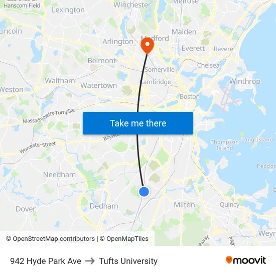 942 Hyde Park Ave to Tufts University map