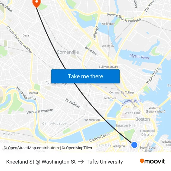 Kneeland St @ Washington St to Tufts University map