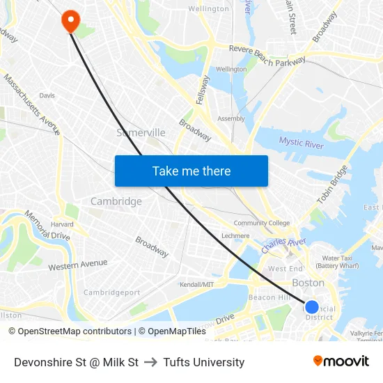 Devonshire St @ Milk St to Tufts University map