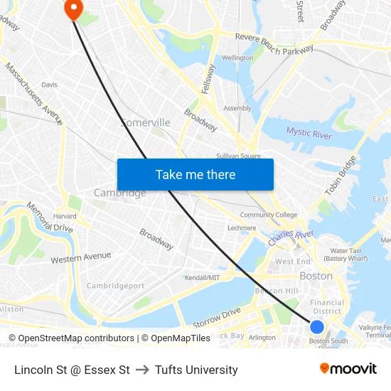 Lincoln St @ Essex St to Tufts University map