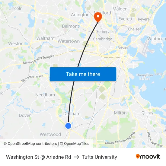 Washington St @ Ariadne Rd to Tufts University map
