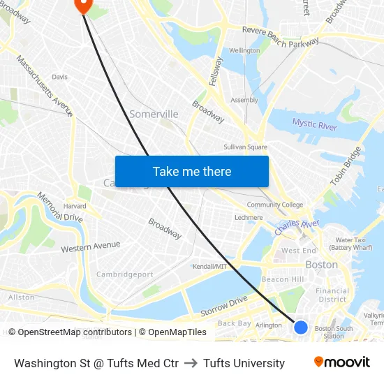 Washington St @ Tufts Med Ctr to Tufts University map