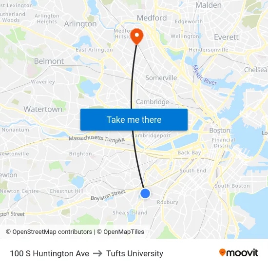 100 S Huntington Ave to Tufts University map